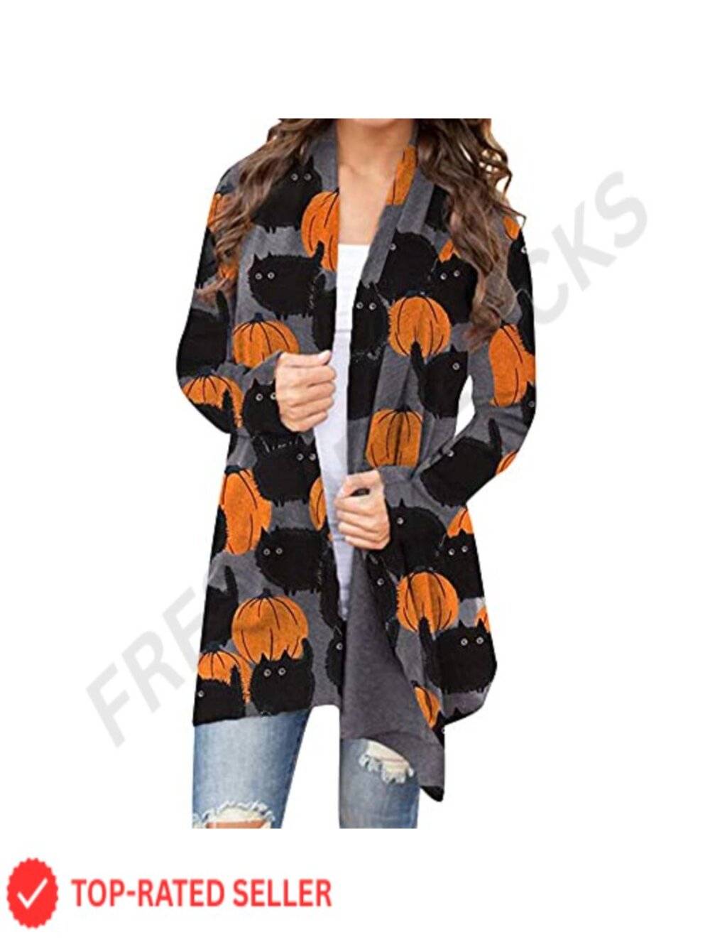 Women's Halloween Cat Pumpkin Long Sleeve Open Front Cardigan Knit Sweater Top
